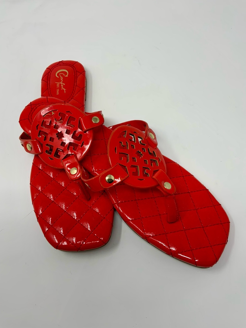 C Est. 1946 Red Quilted Thong Sandals with Decorative Medallion